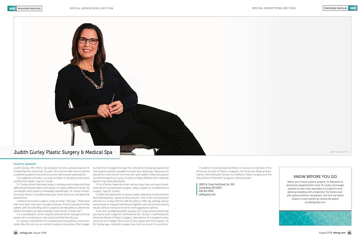Judith Gurley, plastic surgeon, seated in office.